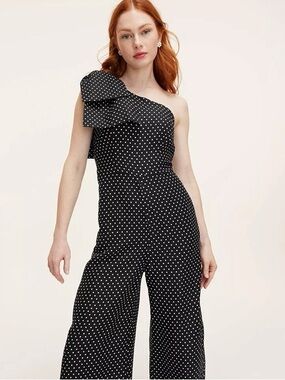 NWT Kate Spade One Shoulder Polka Dot Jumpsuit Size 6 Black White Wide Leg